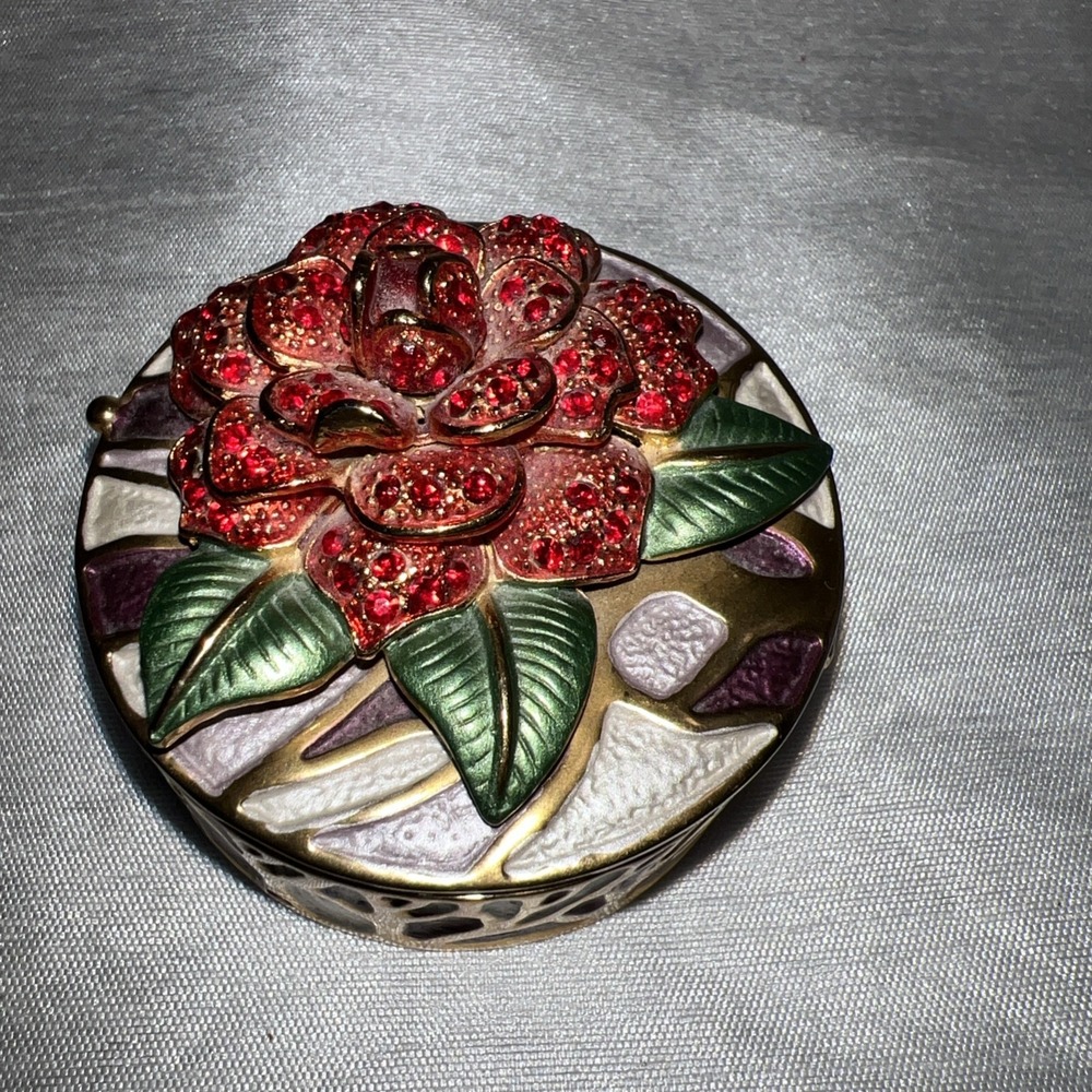 Vintage Floral Enamel Metal Hinged Trinket Box Jeweled Crystals Floral 2.5"x1.5"